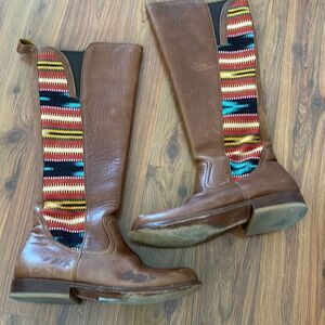 Teysha artisan rugged tan leather boots with embroidered fabric southwestern sty